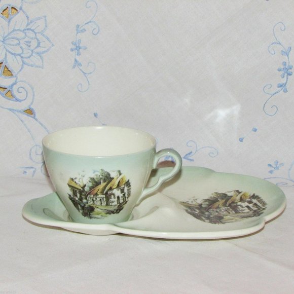 Royal Winton Grimeades Tennis Set Snack Plate Cup Green Village Scene - Picture 1 of 7